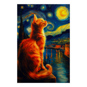 Contemplative Ginger Cat Starry Night Sky Poster