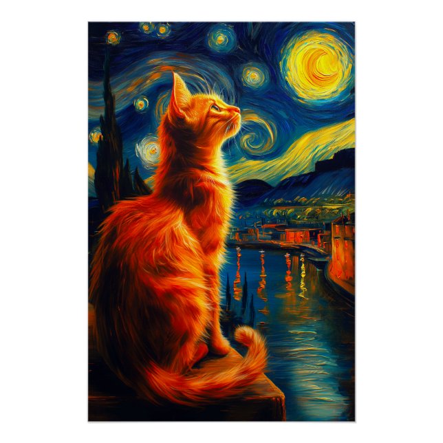 Contemplative Ginger Cat | Starry Night Sky Poster (Front)
