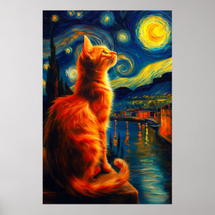 Contemplative Ginger Cat Starry Night Sky Poster