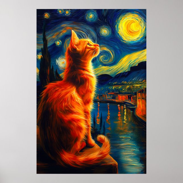 Contemplative Ginger Cat | Starry Night Sky Poster (Front)
