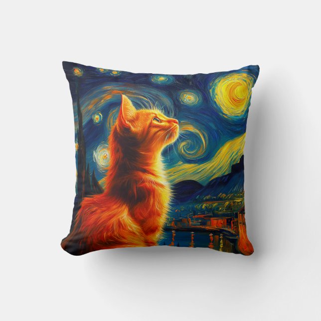 Contemplative Ginger Cat | Starry Night Sky Throw Pillow (Front)