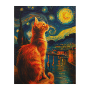 Contemplative Ginger Cat Starry Night Sky Wood Wall Art