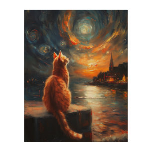 Contemplative Ginger Cat Starry Night Sky Wood Wall Art
