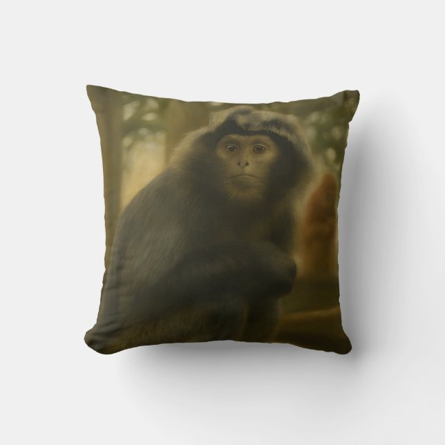 Contemplative Monkey – Serene Wildlife Art Throw Pillow (Front)