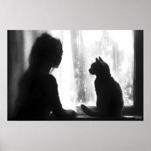 Contemplative Woman with Cat in Rain by the Window Poster