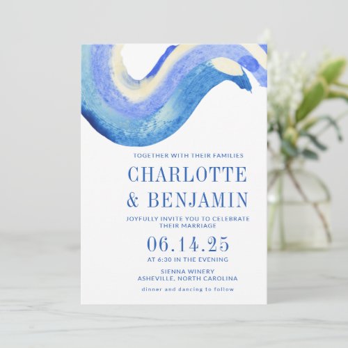 Contemporary Abstract Art Blue Watercolor Wedding Invitation