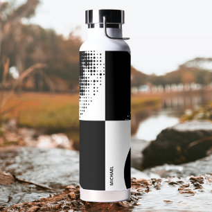 Contemporary Abstract Black and White Circles Water Bottle