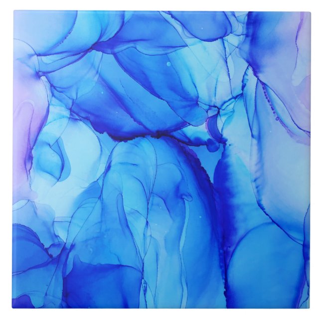 Contemporary Abstract Blue and Purple Ink Art Ceramic Tile (Front)