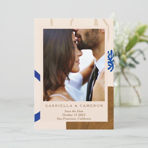 Contemporary Abstract Blue Beige Photo Wedding Save The Date
