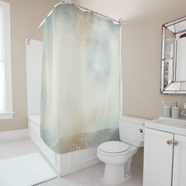 Contemporary Abstract Blue Cream Gold Shower Curtain (In Situ)