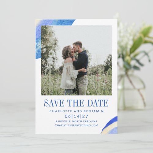 Contemporary Abstract Blue Paint Swirl Photo Save The Date