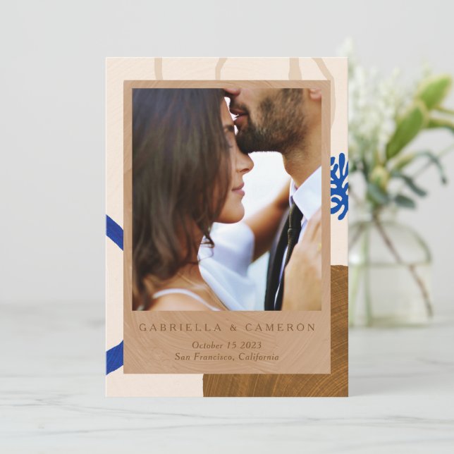 Contemporary Abstract Blue Tan Photo Wedding Save The Date (Standing Front)