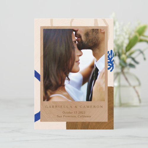 Contemporary Abstract Blue Tan Photo Wedding Save The Date