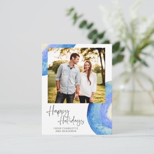 Contemporary Abstract Blue Watercolor Photo Holiday Card