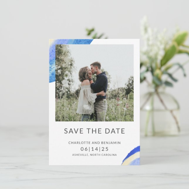 Contemporary Abstract Blue Watercolor Photo  Save The Date (Standing Front)