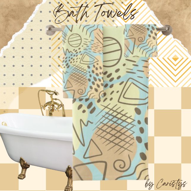 Contemporary Abstract Blue, Yellow, Melon, Brown  Bath Towel Set (Creator Uploaded)