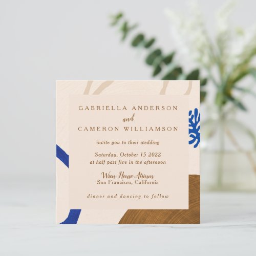 Contemporary Abstract Botanical Blue Beige Wedding Invitation