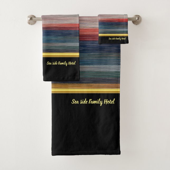 Contemporary abstract in red blue and brown silver bath towel set (Insitu)