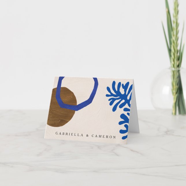 Contemporary Abstract Shapes Art Blue Tan Wedding Letterpress Thank You Card (Front)