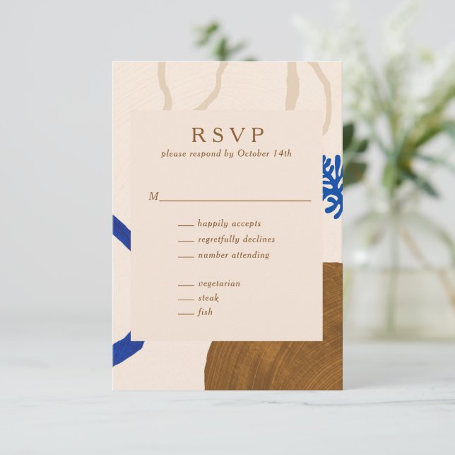 Contemporary Abstract Shapes Art Blue Tan Wedding  RSVP Card (Standing Front)