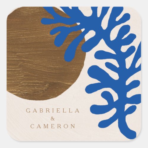 Contemporary Abstract Shapes Art Blue Tan Wedding Square Sticker