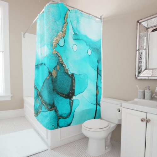 Contemporary Abstract Turquoise Gold Shower Curtain