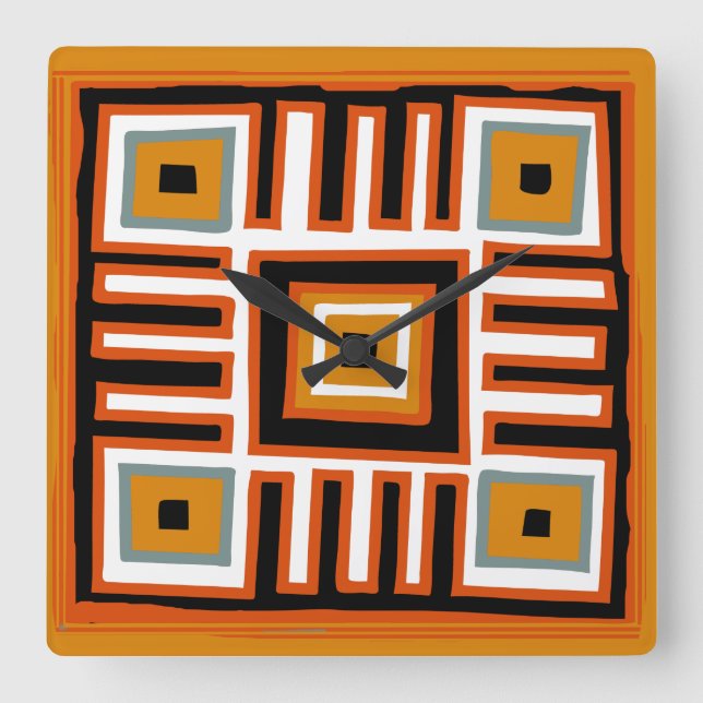 Contemporary African Modern Abstract in orange Square Wall Clock (Front)