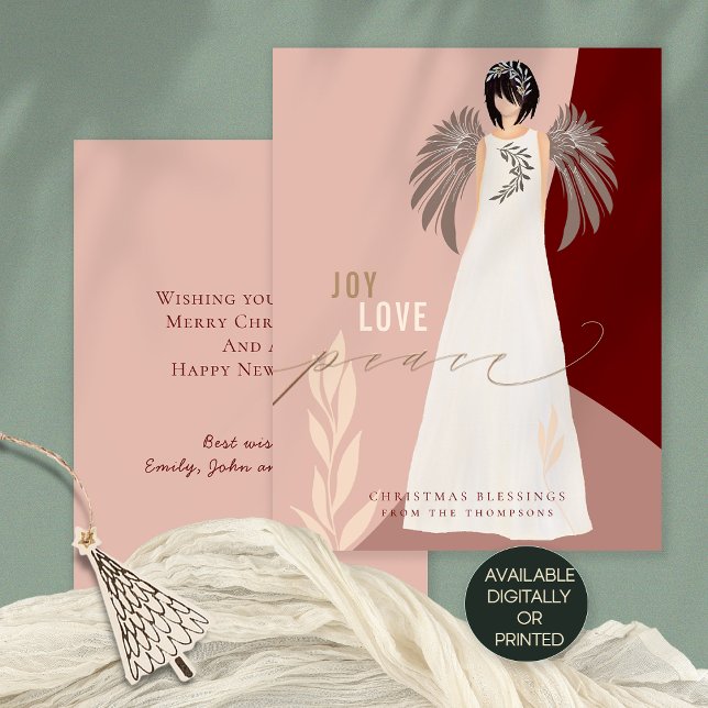 Contemporary Angel Joy Love Peace Christmas Holiday Card (Front and back view, Available digitally and printed.)