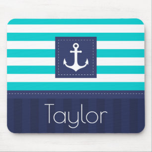 Contemporary Aqua Navy Blue Anchor Personalized Mouse Pad