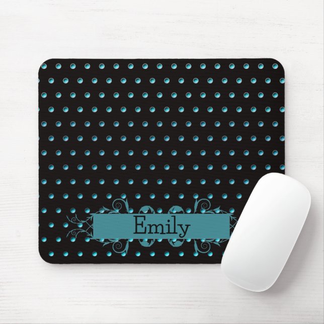 Contemporary Aqua Polka Dots With Name Mouse Pad (With Mouse)