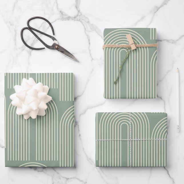 Contemporary Arch Line Art in Sage Green Wrapping Paper Sheets (Front)