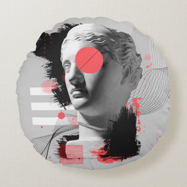 Contemporary art collage with antique statue head round pillow (Front)