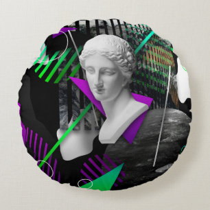 Contemporary art collage with plaster head statue  round pillow