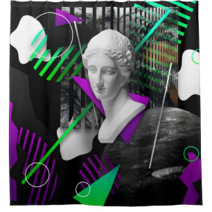 Contemporary art collage with plaster head statue shower curtain