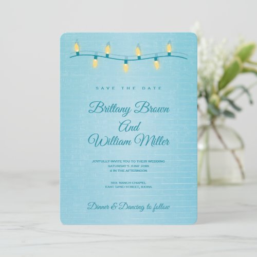 Contemporary Baby Blue Brick  Yellow Light Bulbs  Save The Date
