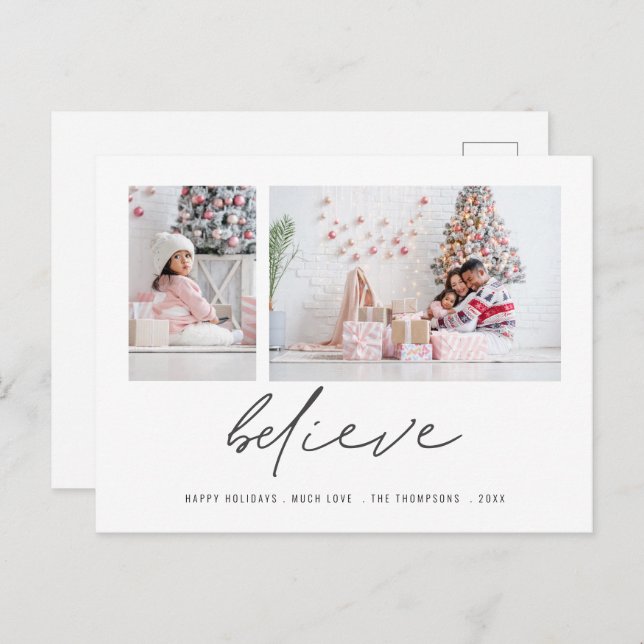 Contemporary Believe 2 Photos Script Christmas Postcard (Front/Back)