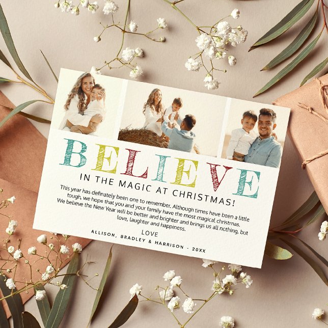 Contemporary 'BELIEVE' Christmas Photo Collage Holiday Card (Creator Uploaded)