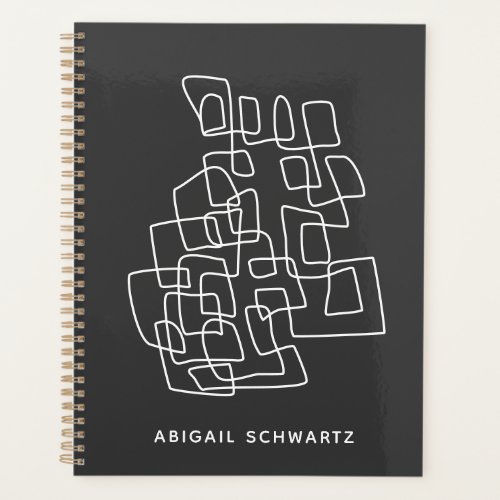 Contemporary Black Abstract Line Art Personalized Planner