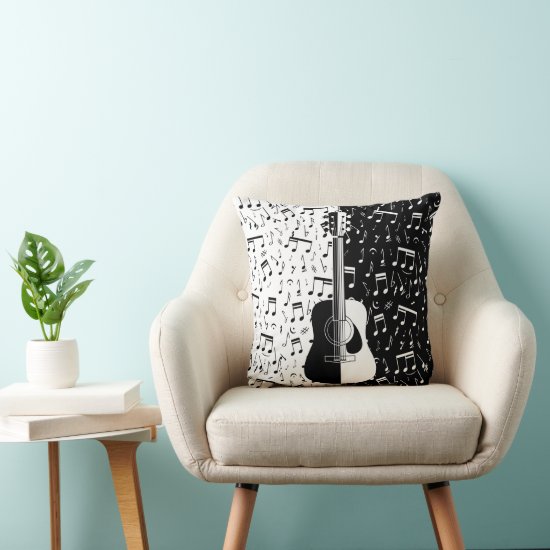 Contemporary black and white guitar and music note throw pillow