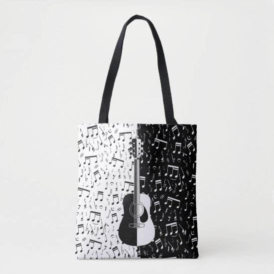 Contemporary black and white guitar and music note tote bag