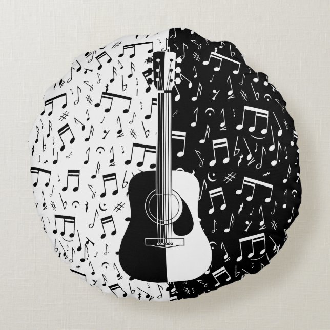 Contemporary black and white guitar music notes round pillow (Back)