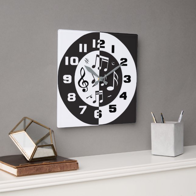 Contemporary black and white music design square wall clock (Office)