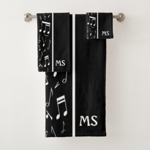Contemporary black and white music themed bath towel set