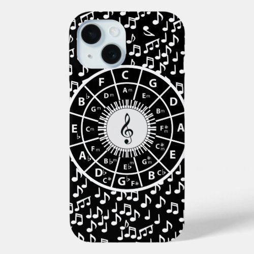 Contemporary black and white music wheel design iPhone 15 case