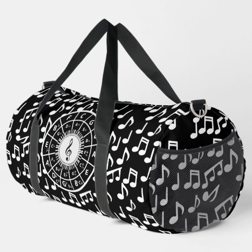 Contemporary black and white music wheel design duffle bag