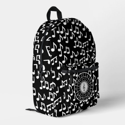 Contemporary black and white music wheel design printed backpack