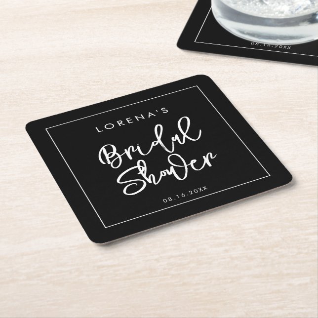 Contemporary black Bridal Shower Square Paper Coaster (Angled)