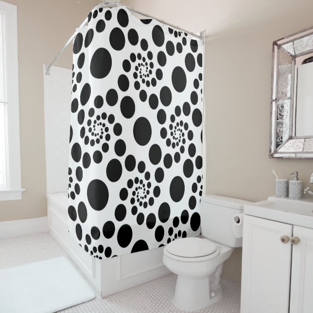 Contemporary Black Circles And Dots Shower Curtain (In Situ)