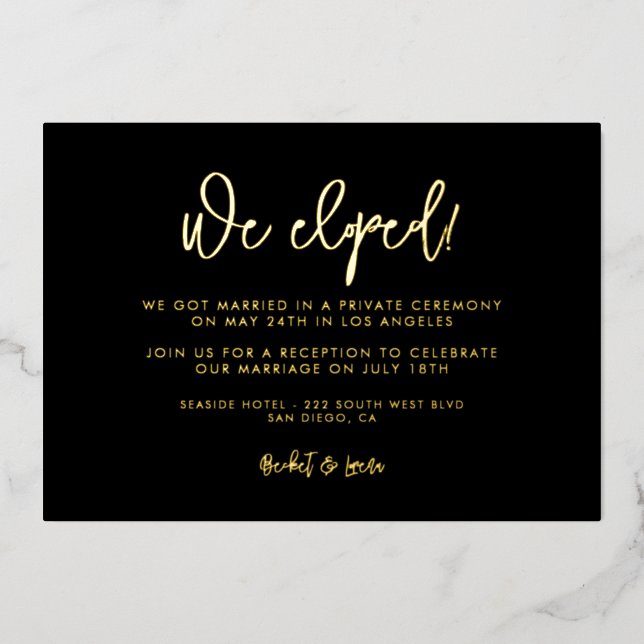 Contemporary black & gold elopement reception foil invitation (Front)