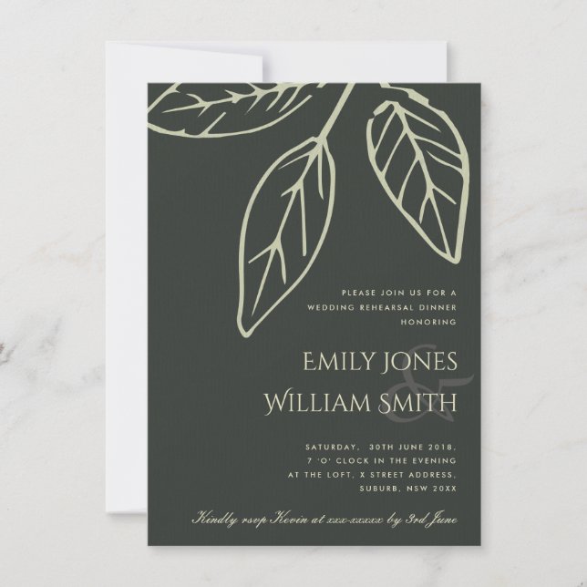 CONTEMPORARY BLACK GREEN LEAVES REHEARSAL DINNER INVITATION (Front)